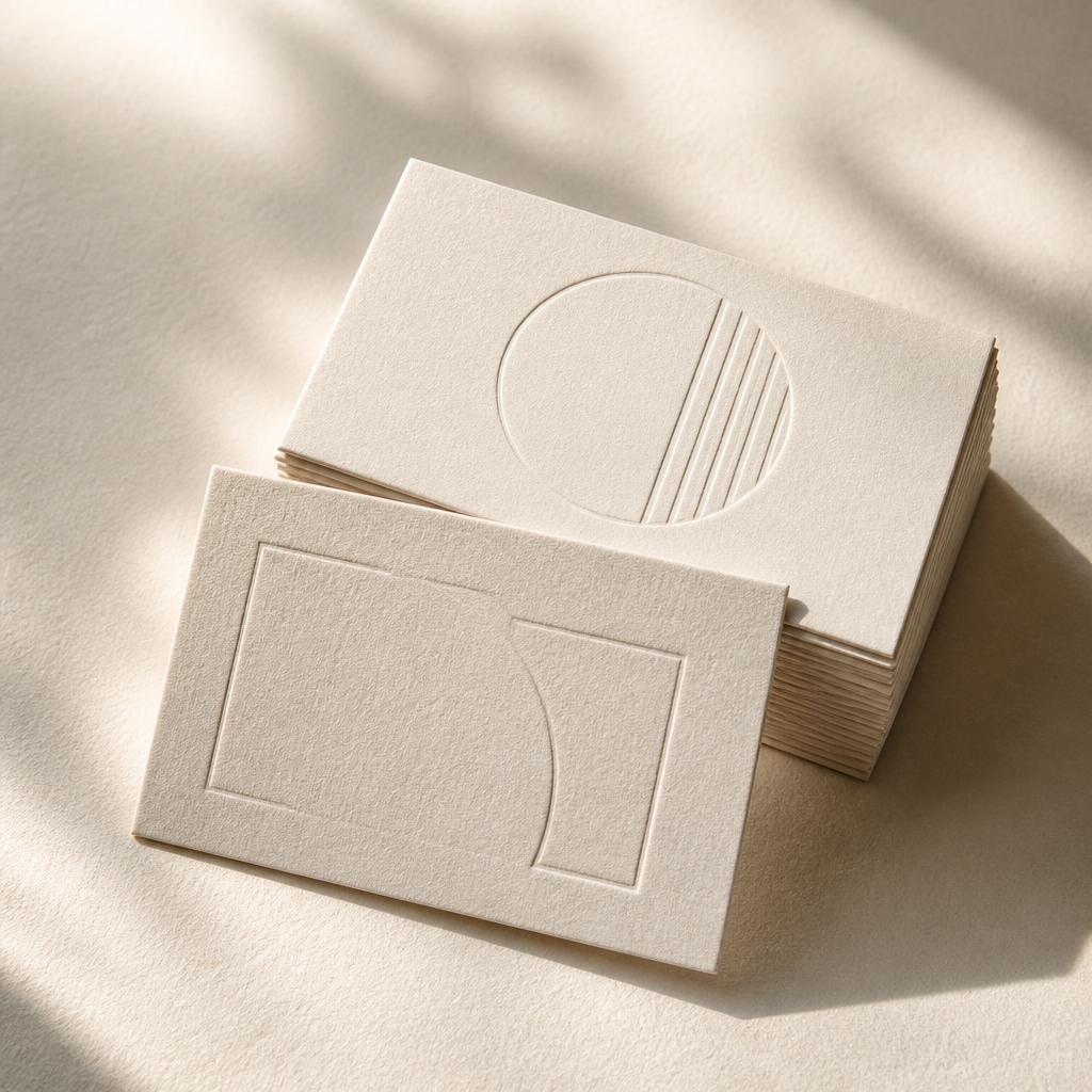 Premium embossed business card stack on textured paper