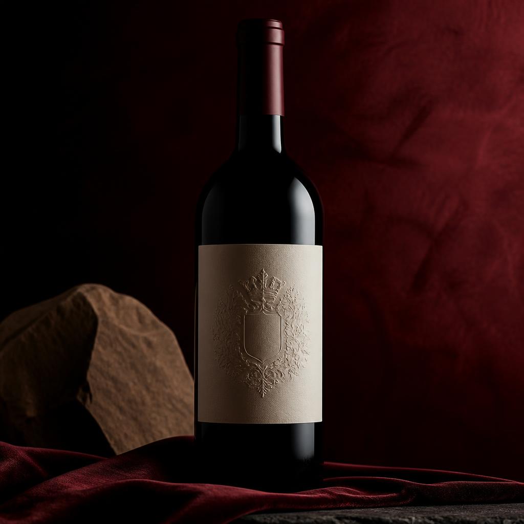 Wine bottle with debossed crest label