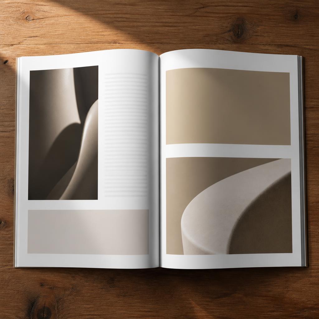 Editorial magazine spread mockup on wood surface